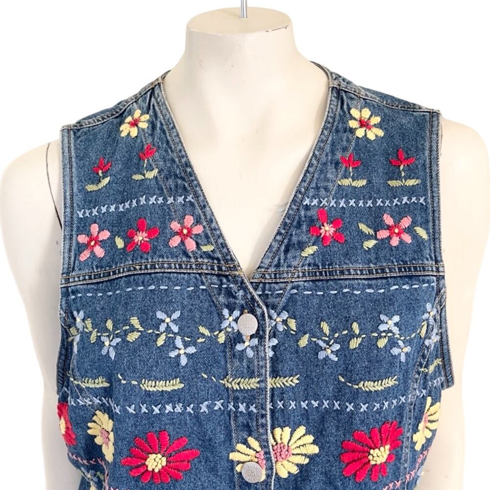 VTG SUSAN BRISTOL Floral Embroidered Denim Vest  Hippie Boho Festival  SZ L - Picture 4 of 13